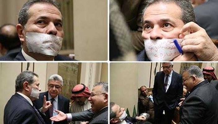 بالصور.. توفيق عكاشة ينسحب من جلسة البرلمان ويضع شريطا لاصقا على فمه