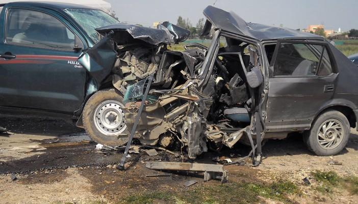 مصرع وإصابة 12 بعد تصادم 12 سيارة على صحراوي بني سويف