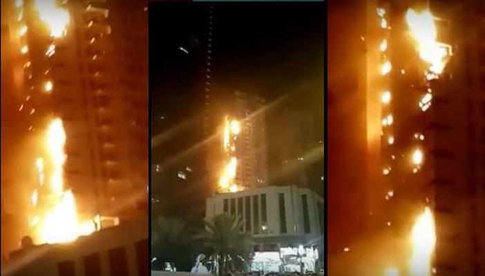 بالفيديو.. حريق هائل في برج سكني بإمارة عجمان بالإمارات