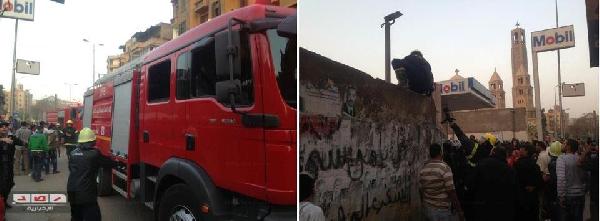 وصول الدفاع المدني لإطفاء حريق ببنزينة بالقرب من الكاتدرائية